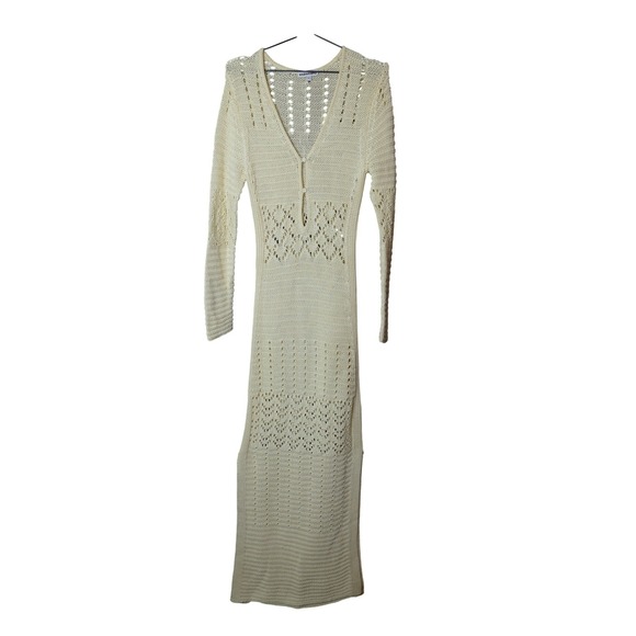 Solana Step Dresses & Skirts - Solid And Striped Cream Crochet Knit Maxi Dress Long Sleeve V Neck Button Accent